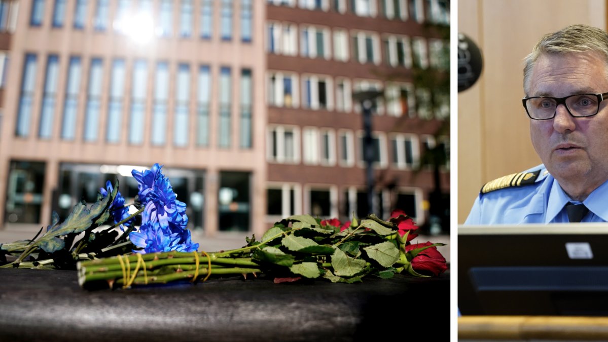 Blommor utanför polishuset där Klas Johansson höll presskonferens.